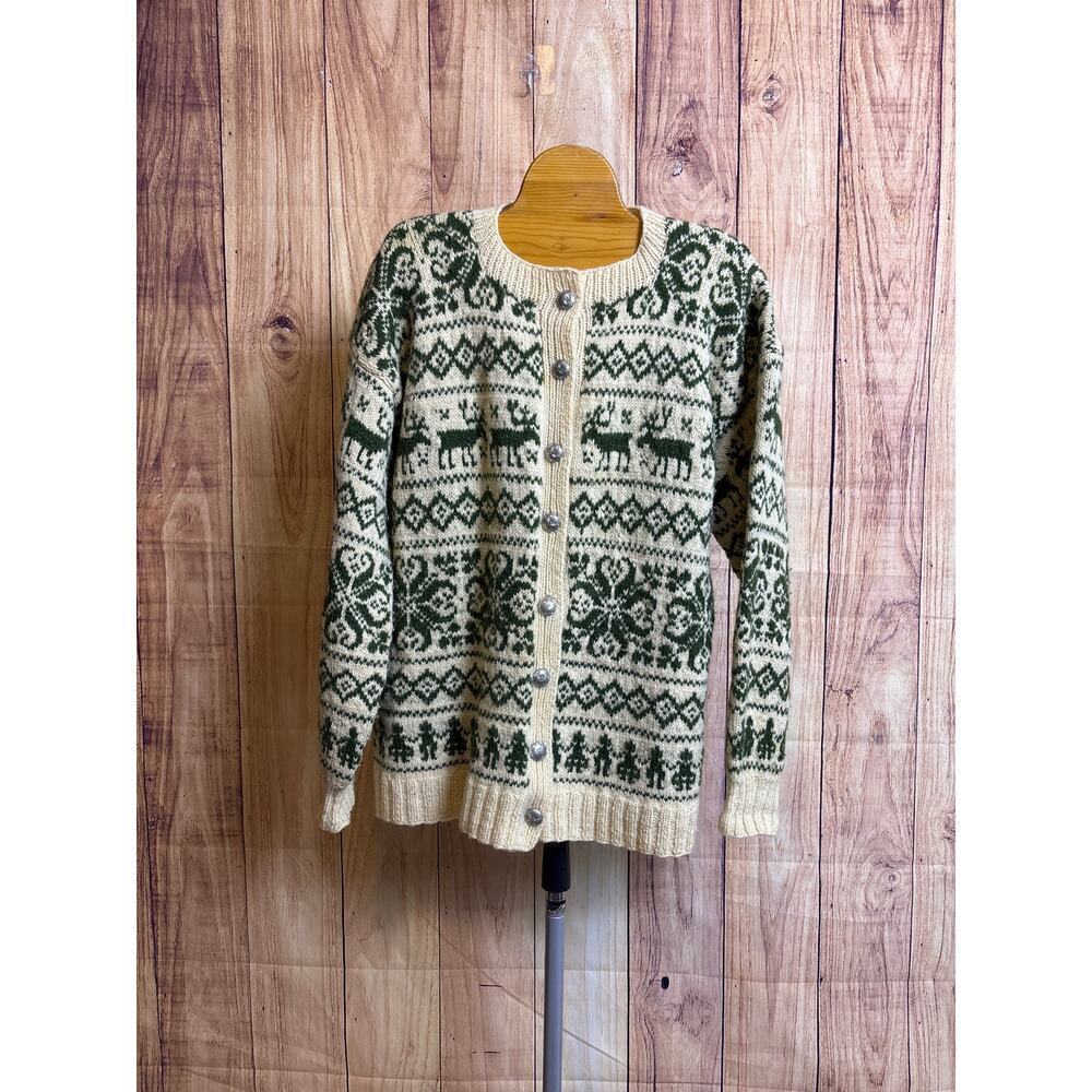 Wool 100% Knit Cardigan Sweater Green and Cream Women's Size M READ